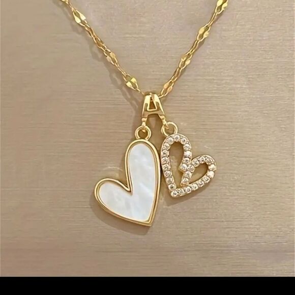 Diamond Double Heart Gold Necklace - Picture 5 of 6